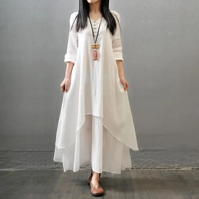Women's Long Sleeve Linen Maxi Dress – Casual Loose Round Neck Solid Color Dress