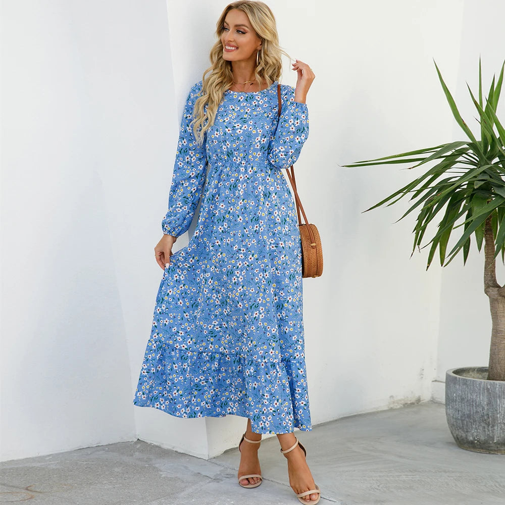 Floral Bohemian Maxi Dress – Elegant Long Sleeve Beach Dress