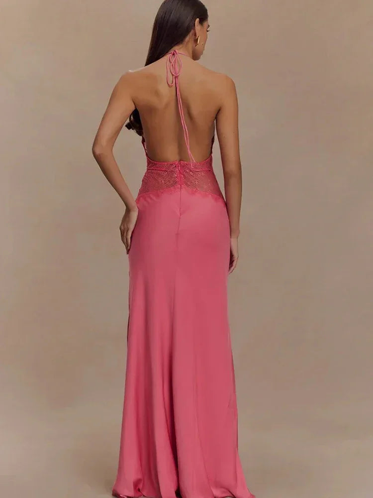 Women's White Backless Lace Halter Maxi Dress, Deep V Neck, Elegant Summer Evening Party Dress