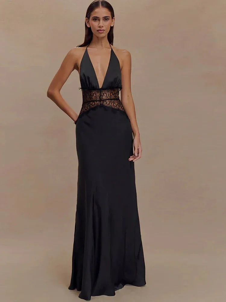 Women's White Backless Lace Halter Maxi Dress, Deep V Neck, Elegant Summer Evening Party Dress