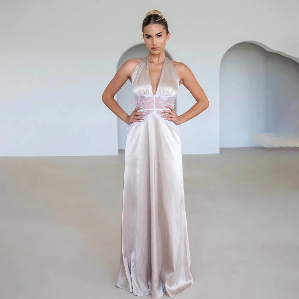 Women's White Backless Lace Halter Maxi Dress, Deep V Neck, Elegant Summer Evening Party Dress