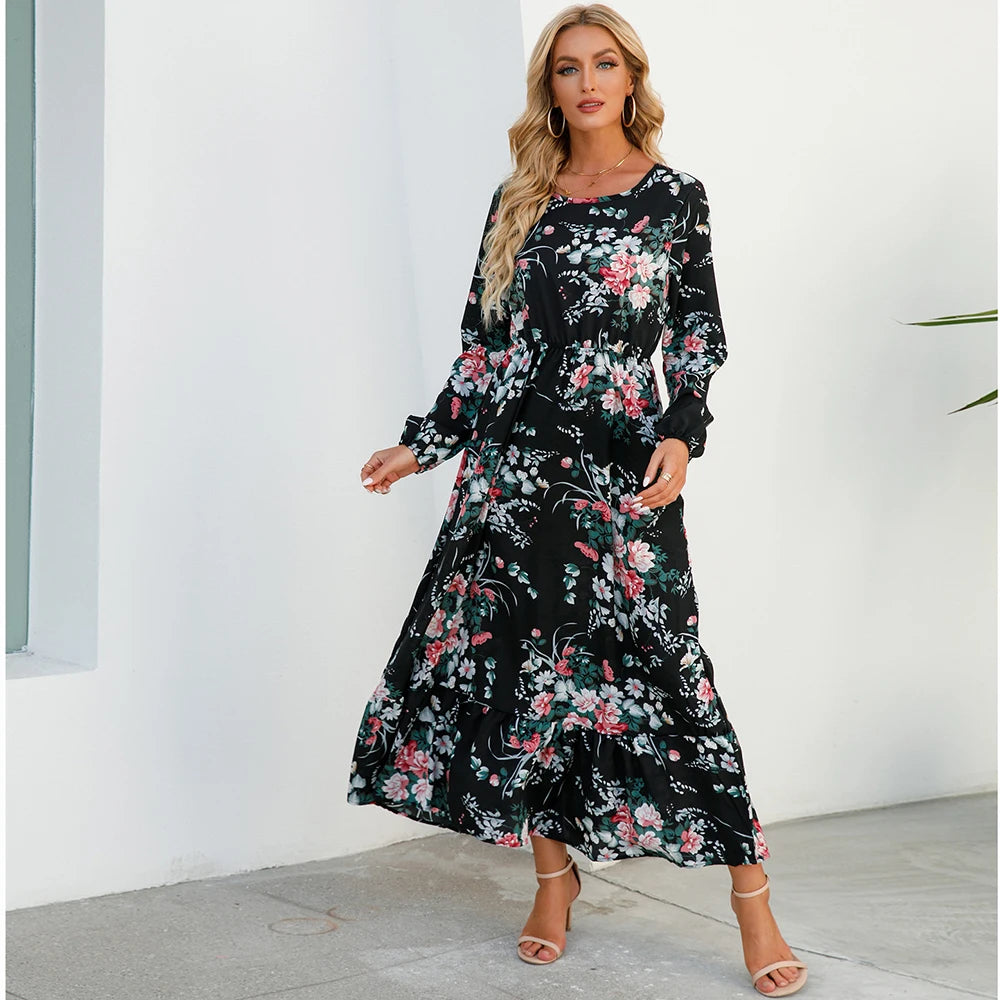 Floral Bohemian Maxi Dress – Elegant Long Sleeve Beach Dress