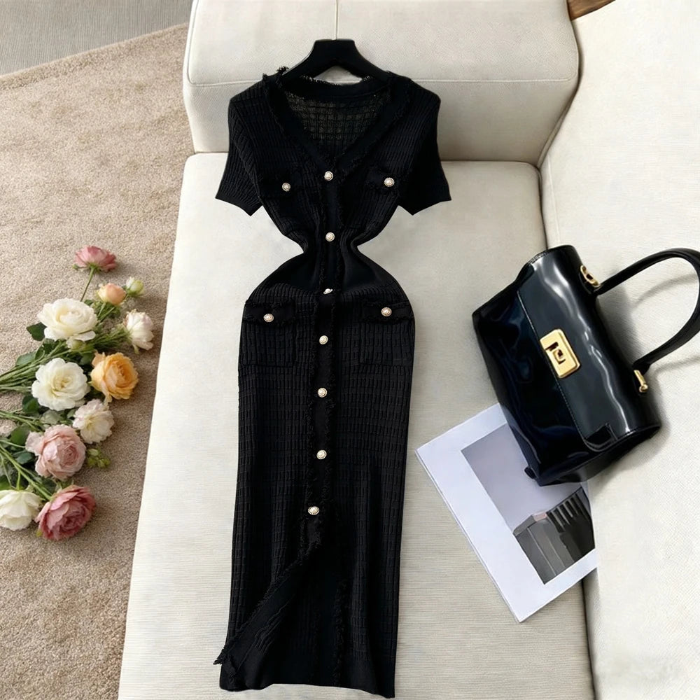 V-Neck Knit Maxi Dress – Elegant Button Detail Dress