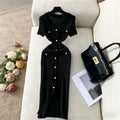 V-Neck Knit Maxi Dress – Elegant Button Detail Dress