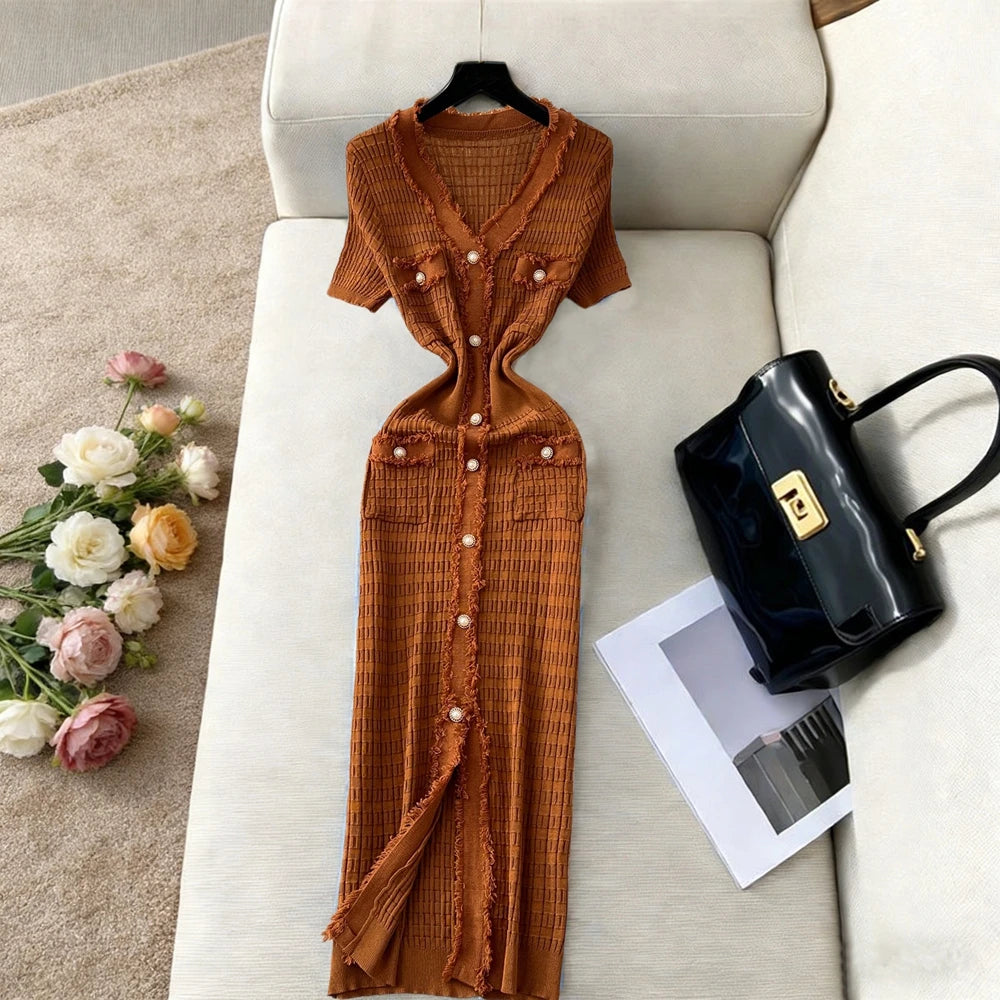 V-Neck Knit Maxi Dress – Elegant Button Detail Dress