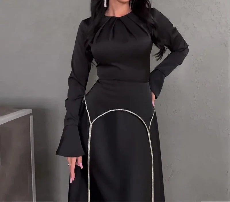 Women Elegant Long Sleeve Maxi Dress – Solid Color Waistband Slim Fit Dress