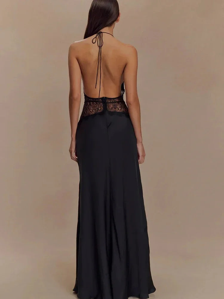 Women's White Backless Lace Halter Maxi Dress, Deep V Neck, Elegant Summer Evening Party Dress