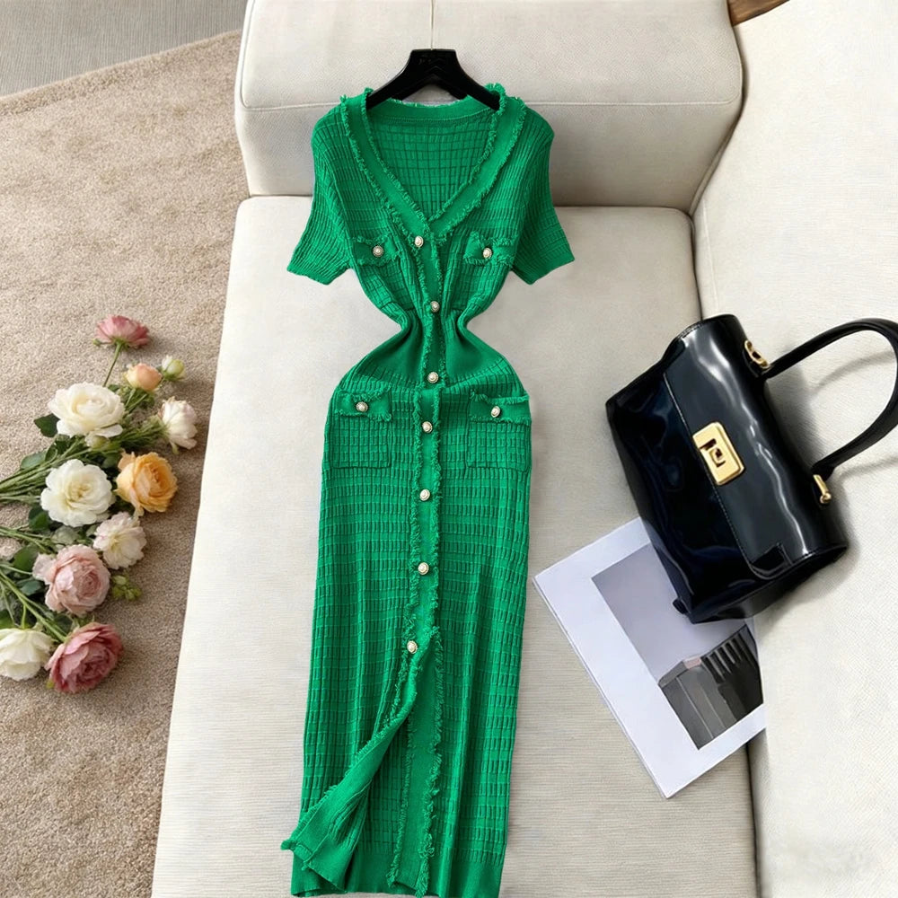 V-Neck Knit Maxi Dress – Elegant Button Detail Dress