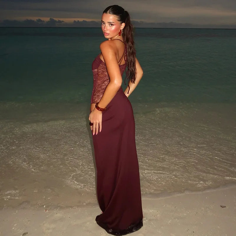 Lace Cut-Out Maxi Dress – Elegant Backless Beach Dress