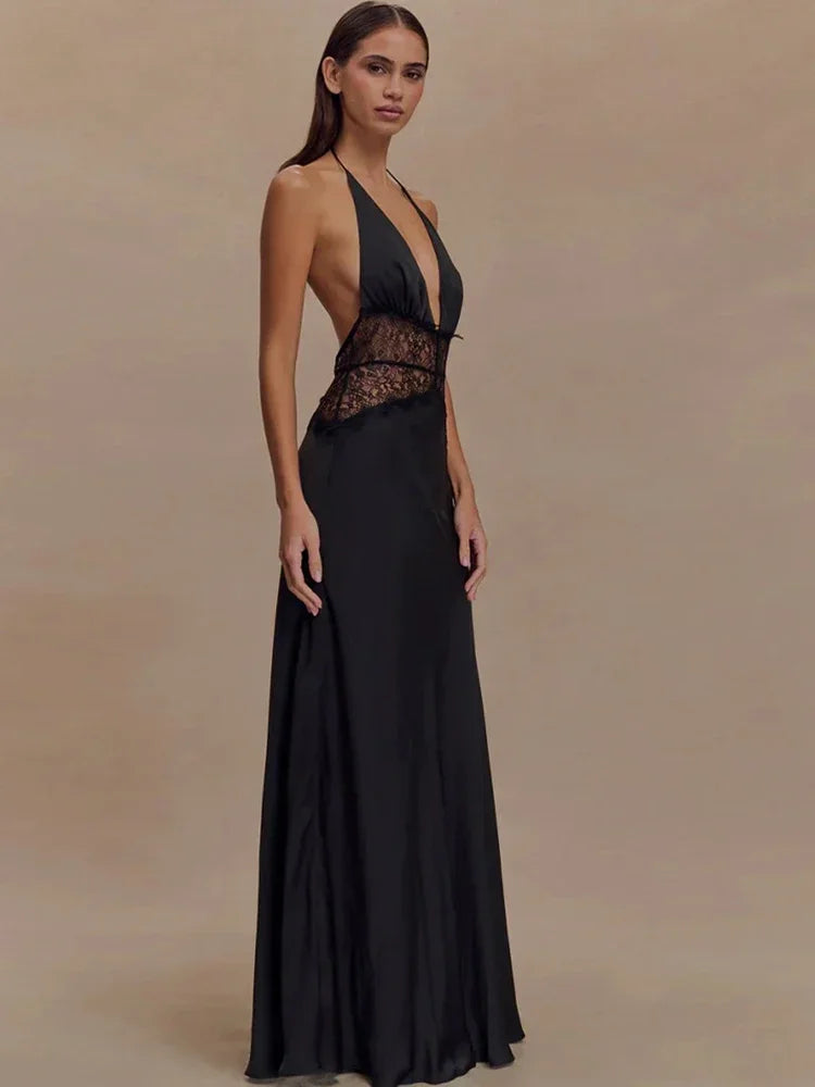 Women's White Backless Lace Halter Maxi Dress, Deep V Neck, Elegant Summer Evening Party Dress