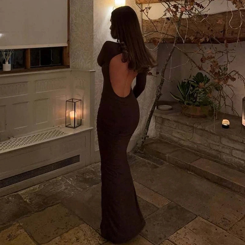 Women Backless Bodycon Maxi Dress – Long Sleeve Elegant Slim Evening Party Dress