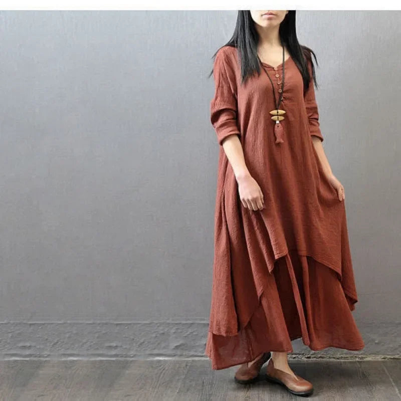 Women's Long Sleeve Linen Maxi Dress – Casual Loose Round Neck Solid Color Dress