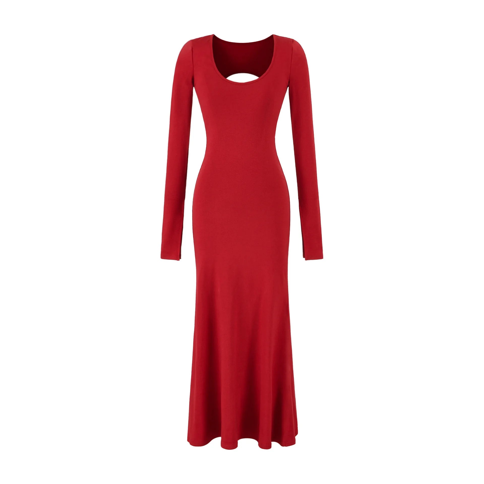 Women's Elegant Long Sleeve Bodycon Midi Dress – Backless High Waist Knit Dress with Slit