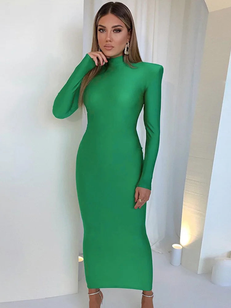Women's Green Bodycon Maxi Dress – Long Sleeve Shoulder Padded Elegant Party Dress