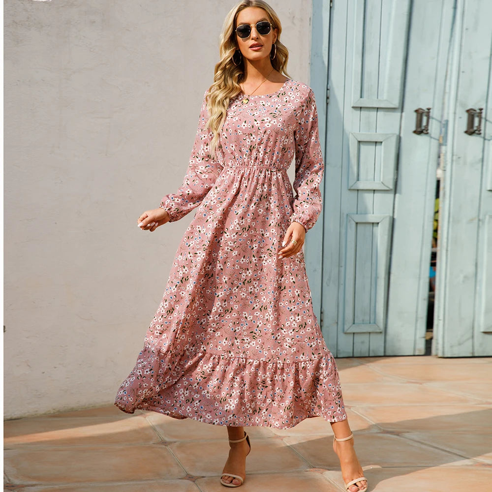 Floral Bohemian Maxi Dress – Elegant Long Sleeve Beach Dress