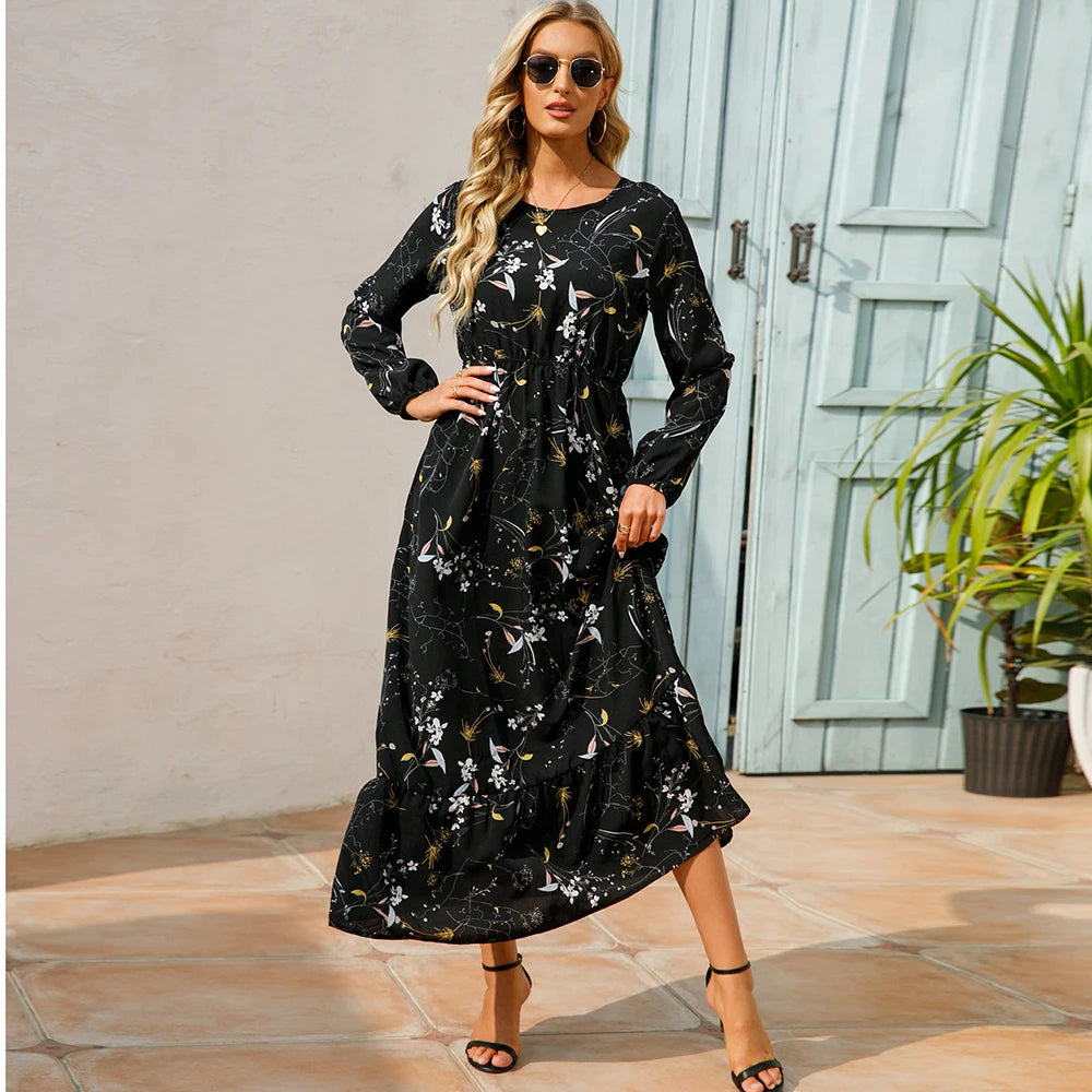 Floral Bohemian Maxi Dress – Elegant Long Sleeve Beach Dress