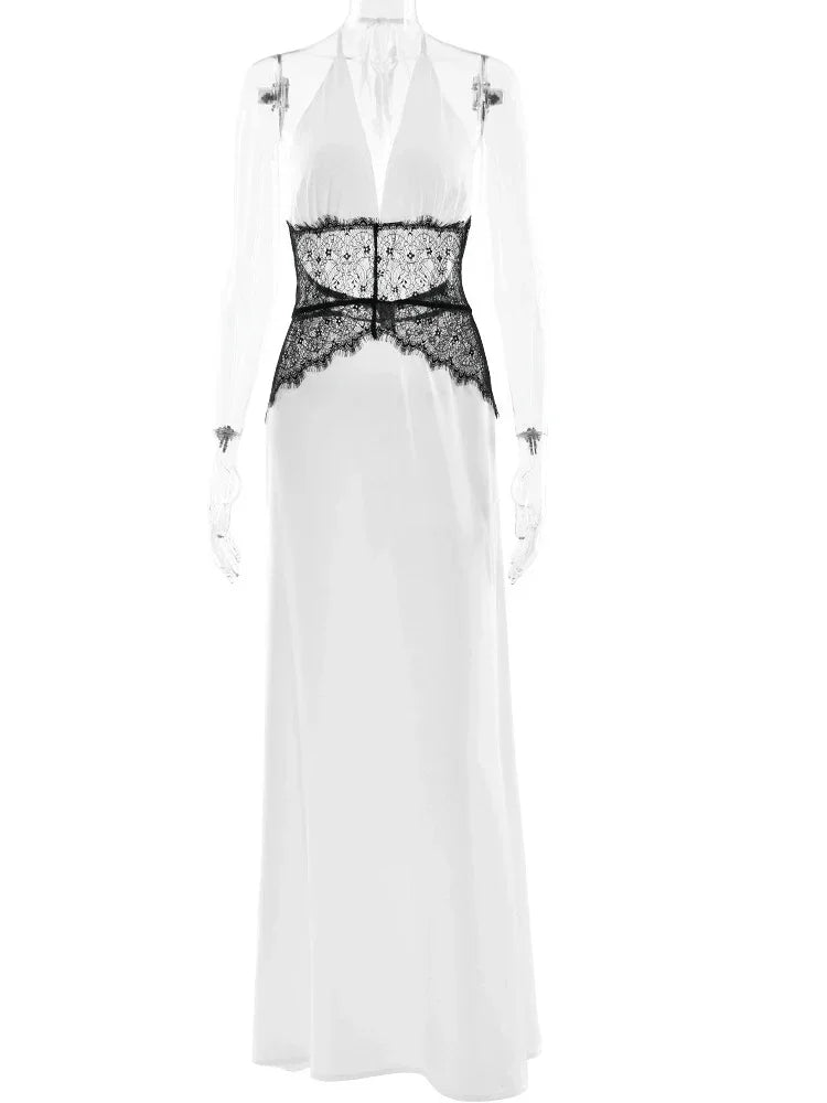 Women's White Backless Lace Halter Maxi Dress, Deep V Neck, Elegant Summer Evening Party Dress