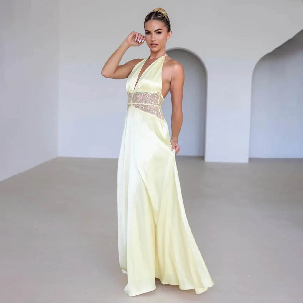 Women's White Backless Lace Halter Maxi Dress, Deep V Neck, Elegant Summer Evening Party Dress
