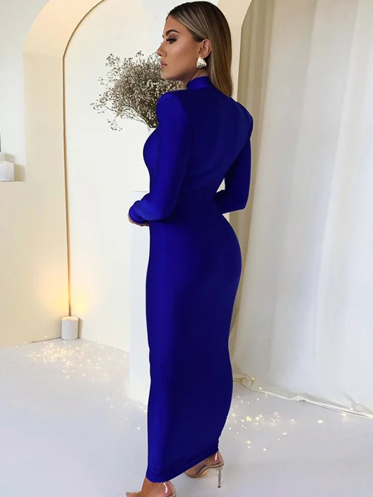 Women's Green Bodycon Maxi Dress – Long Sleeve Shoulder Padded Elegant Party Dress