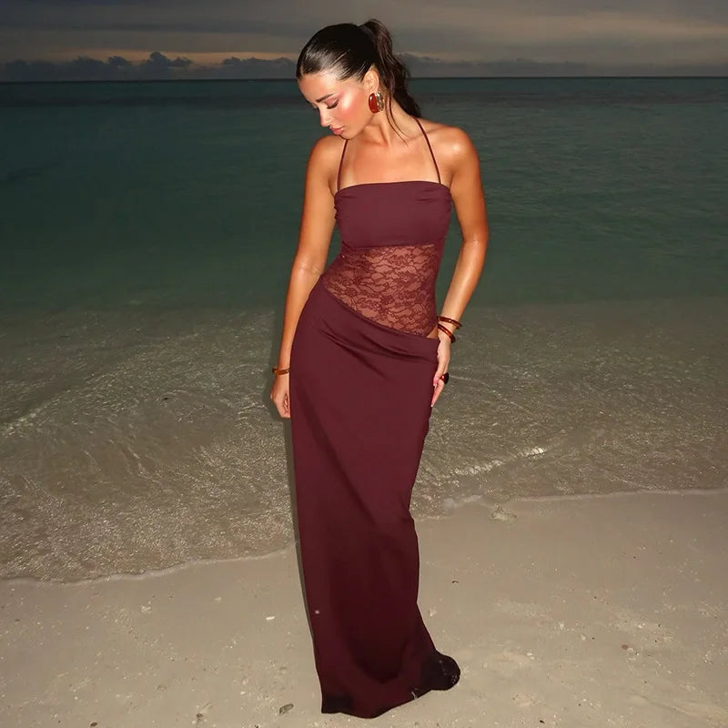 Lace Cut-Out Maxi Dress – Elegant Backless Beach Dress