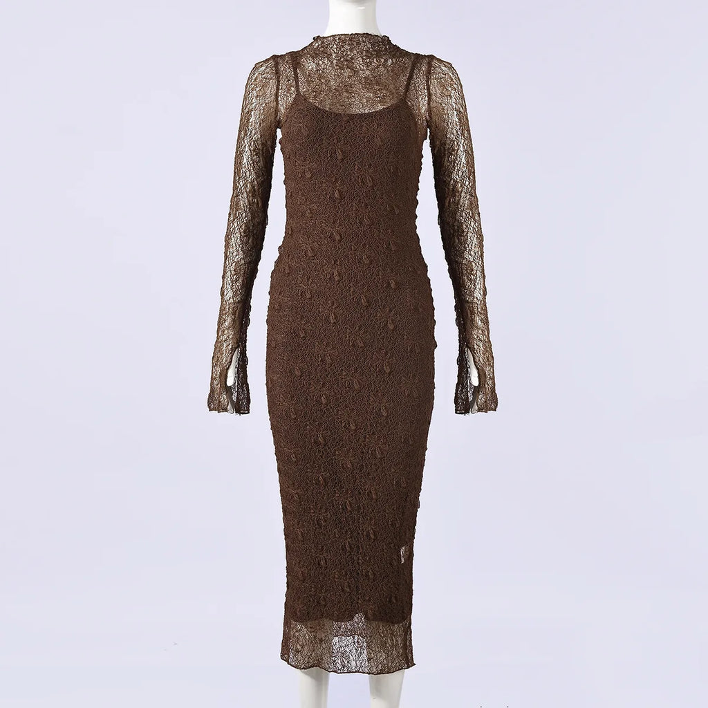 Women Lace Bodycon Maxi Dress – Long Sleeve Sheer Elegant Two Piece Evening Dress