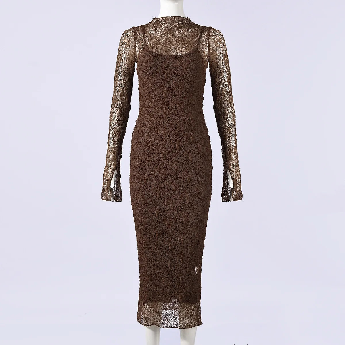 Women Lace Bodycon Maxi Dress – Long Sleeve Sheer Elegant Two Piece Evening Dress