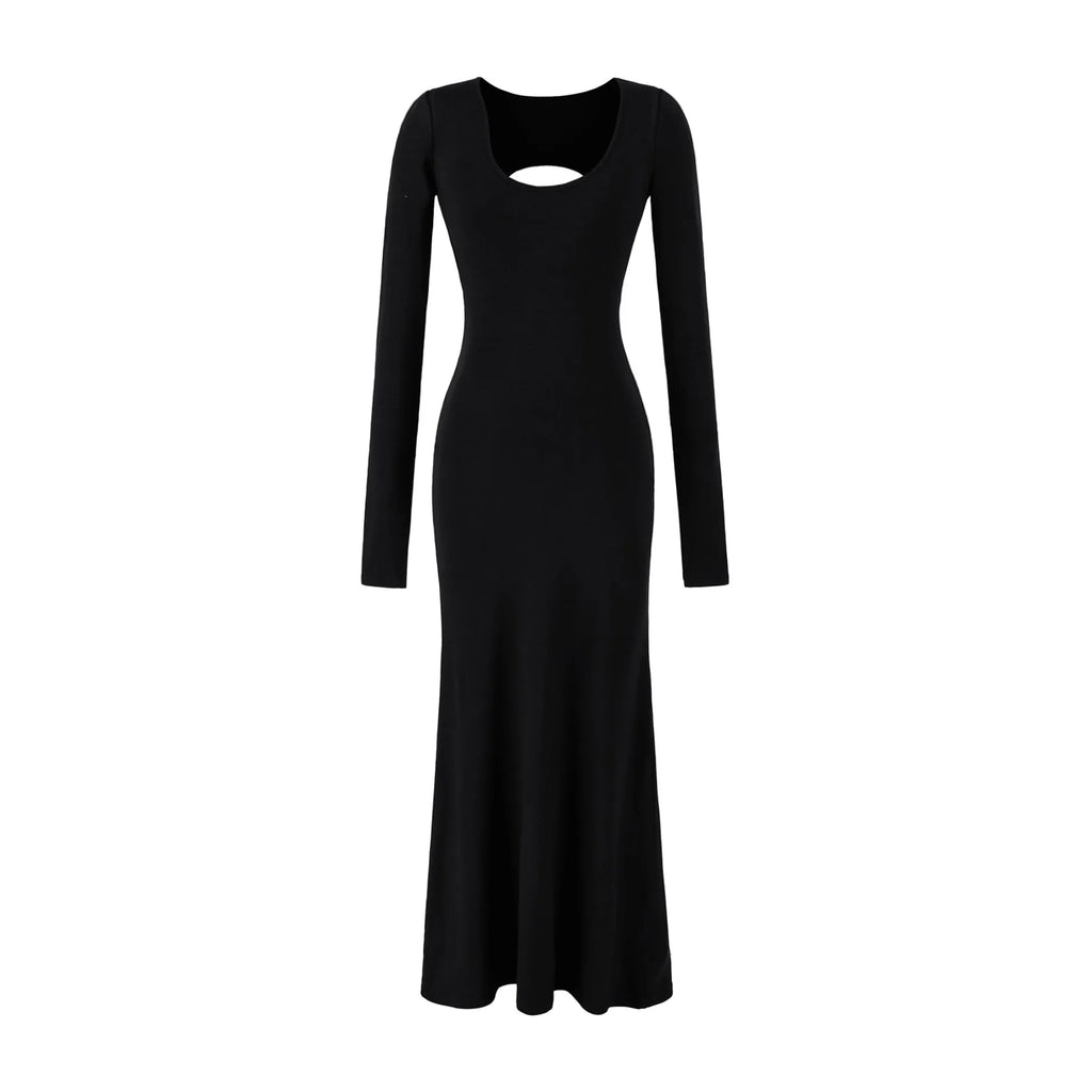 Women's Elegant Long Sleeve Bodycon Midi Dress – Backless High Waist Knit Dress with Slit