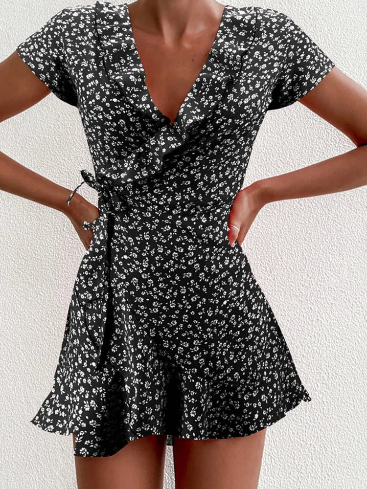 Women Floral V-Neck Ruffle Mini Dress – Elegant A-Line Summer Short Dress