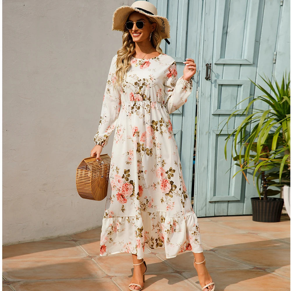 Floral Bohemian Maxi Dress – Elegant Long Sleeve Beach Dress