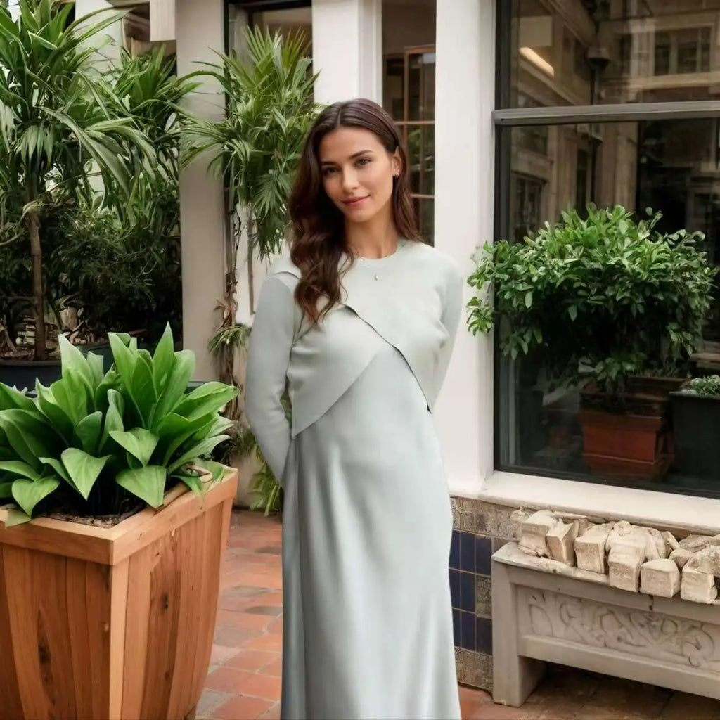 Women Elegant Long Sleeve Maxi Dress Set – Satin Slip Dress with Knit Top Two Piece Outfit