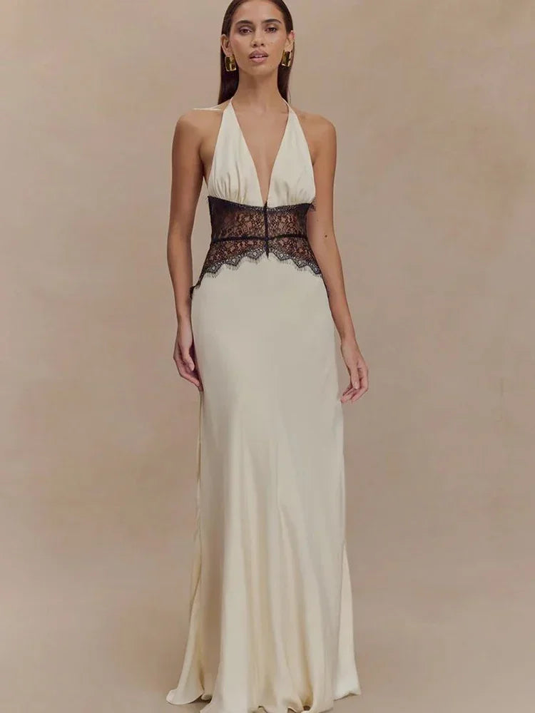 Women's White Backless Lace Halter Maxi Dress, Deep V Neck, Elegant Summer Evening Party Dress