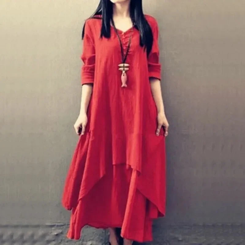Women's Long Sleeve Linen Maxi Dress – Casual Loose Round Neck Solid Color Dress