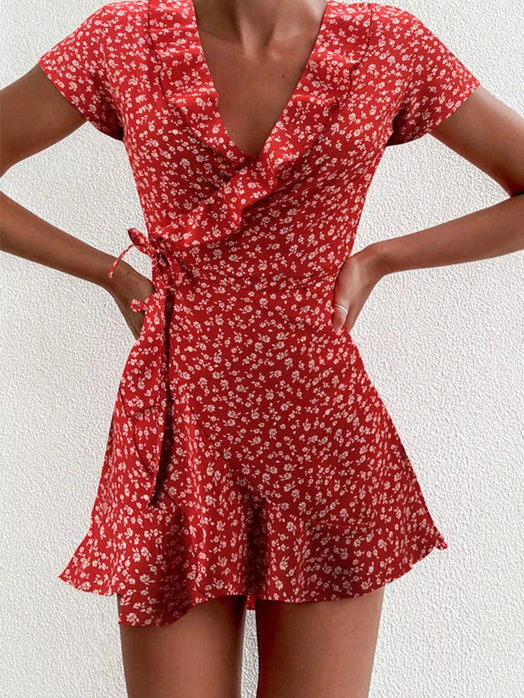 Women Floral V-Neck Ruffle Mini Dress – Elegant A-Line Summer Short Dress