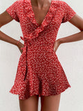 Women Floral V-Neck Ruffle Mini Dress – Elegant A-Line Summer Short Dress