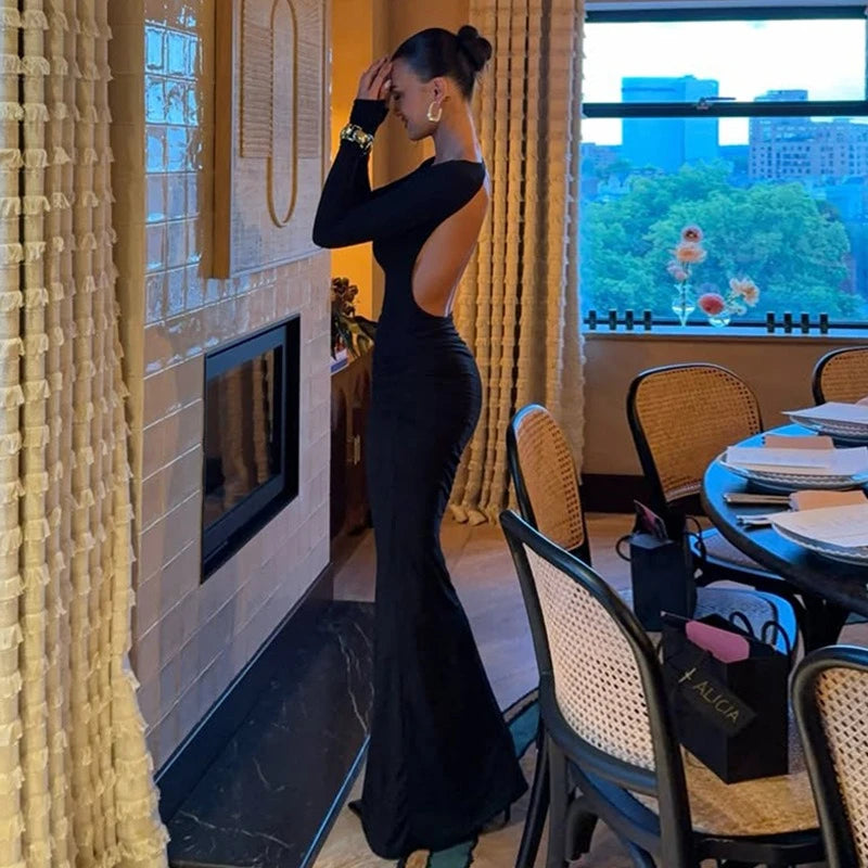 Women Backless Bodycon Maxi Dress – Long Sleeve Elegant Slim Evening Party Dress