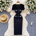 V-Neck Knit Maxi Dress – Elegant Slim Fit Button Dress