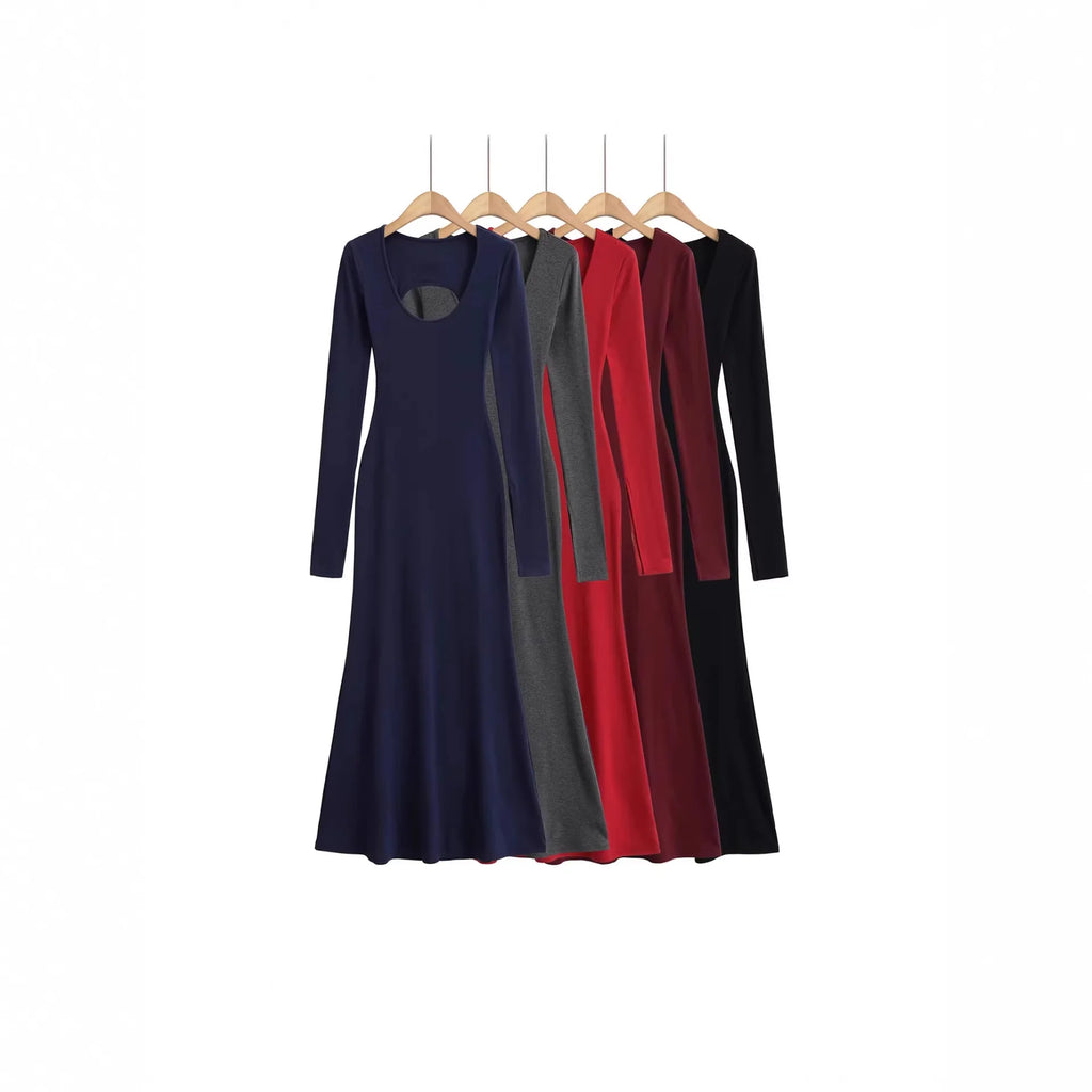 Women's Elegant Long Sleeve Bodycon Midi Dress – Backless High Waist Knit Dress with Slit