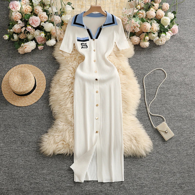 Elegant Knit Maxi Dress – Slim Fit Button Detail Dress