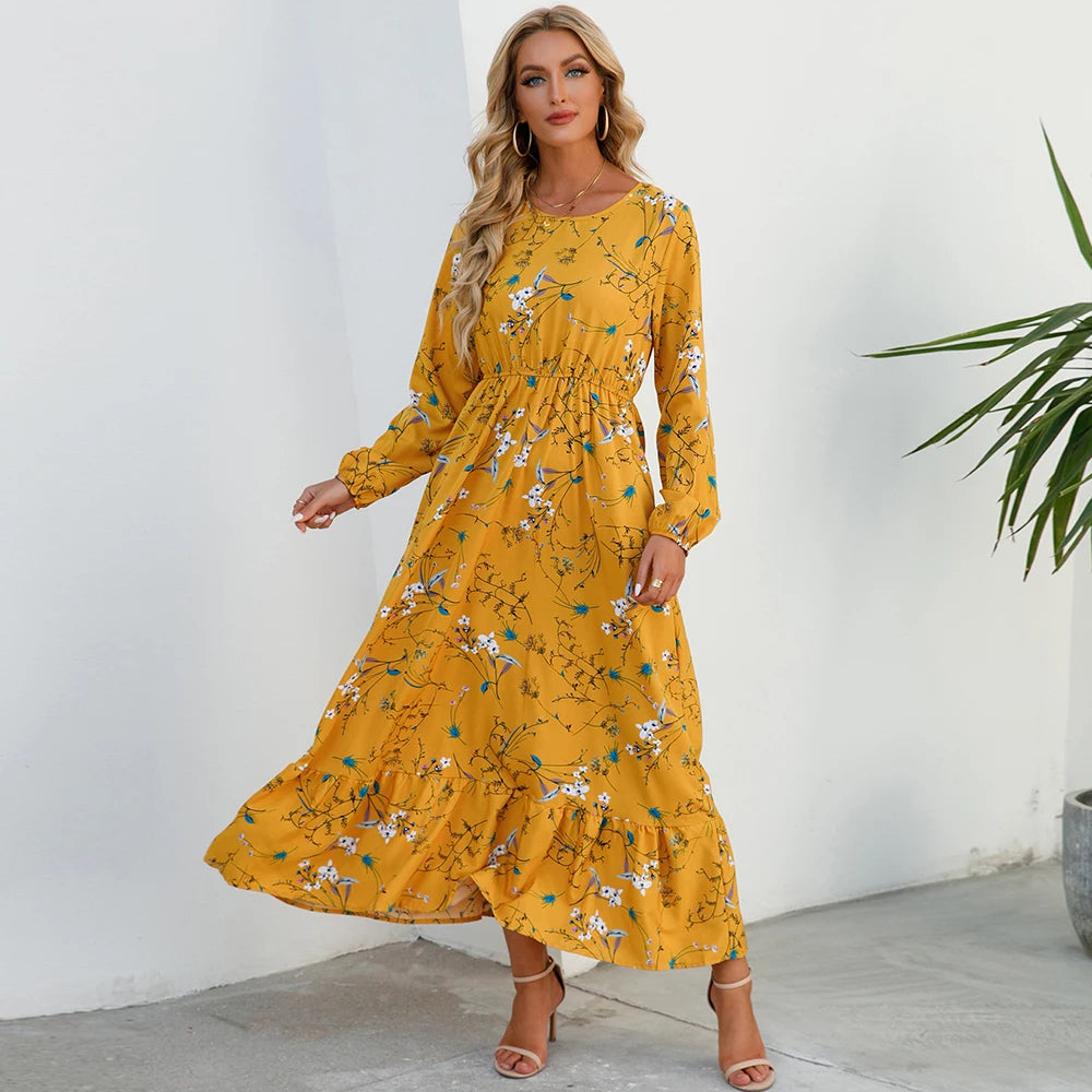 Floral Bohemian Maxi Dress – Elegant Long Sleeve Beach Dress