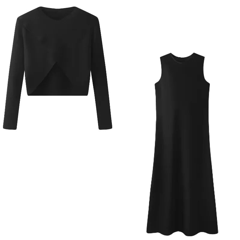 Women Elegant Long Sleeve Maxi Dress Set – Satin Slip Dress with Knit Top Two Piece Outfit