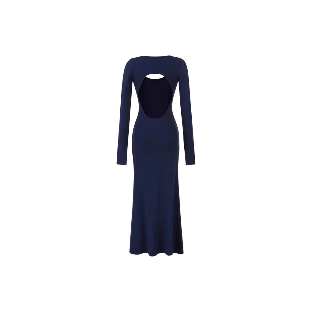 Women's Elegant Long Sleeve Bodycon Midi Dress – Backless High Waist Knit Dress with Slit