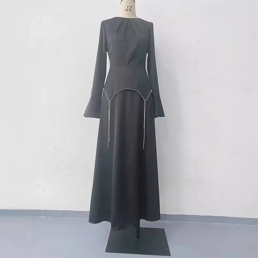 Women Elegant Long Sleeve Maxi Dress – Solid Color Waistband Slim Fit Dress