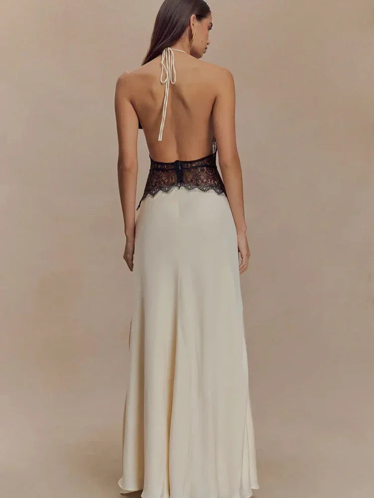 Women's White Backless Lace Halter Maxi Dress, Deep V Neck, Elegant Summer Evening Party Dress