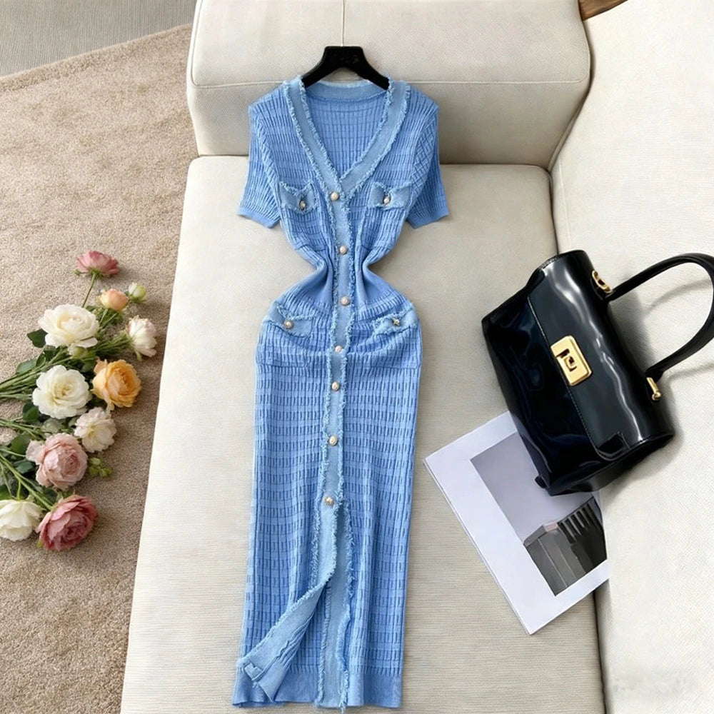 V-Neck Knit Maxi Dress – Elegant Button Detail Dress