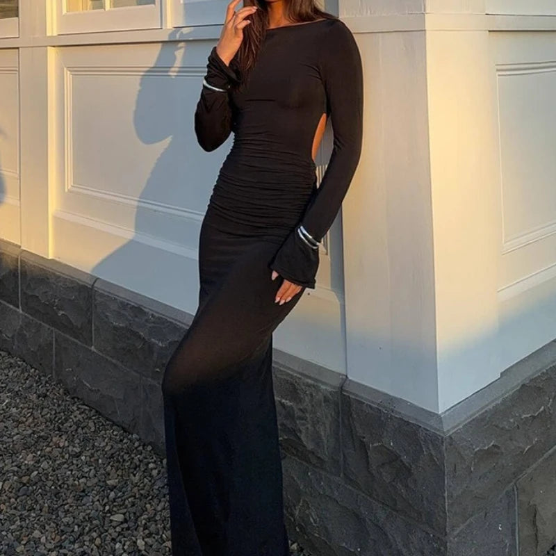 Women Backless Bodycon Maxi Dress – Long Sleeve Elegant Slim Evening Party Dress
