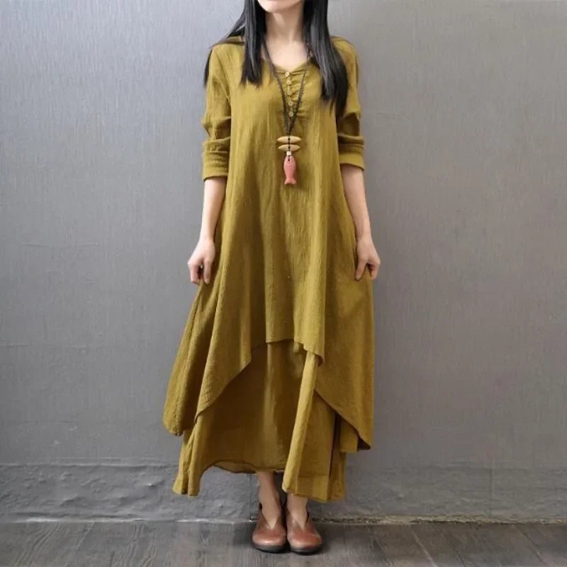 Women's Long Sleeve Linen Maxi Dress – Casual Loose Round Neck Solid Color Dress