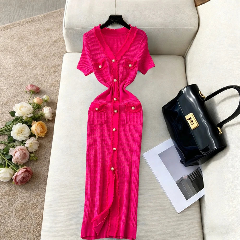 V-Neck Knit Maxi Dress – Elegant Button Detail Dress