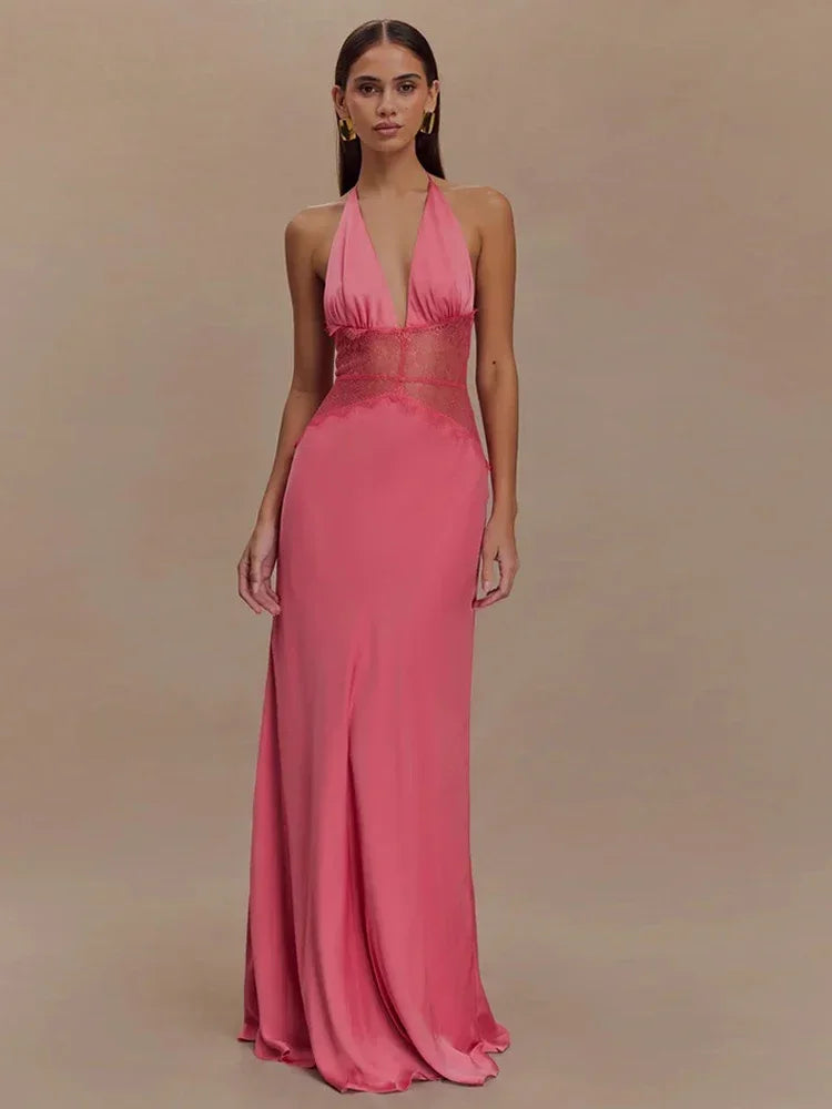 Women's White Backless Lace Halter Maxi Dress, Deep V Neck, Elegant Summer Evening Party Dress
