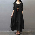 Women's Long Sleeve Linen Maxi Dress – Casual Loose Round Neck Solid Color Dress
