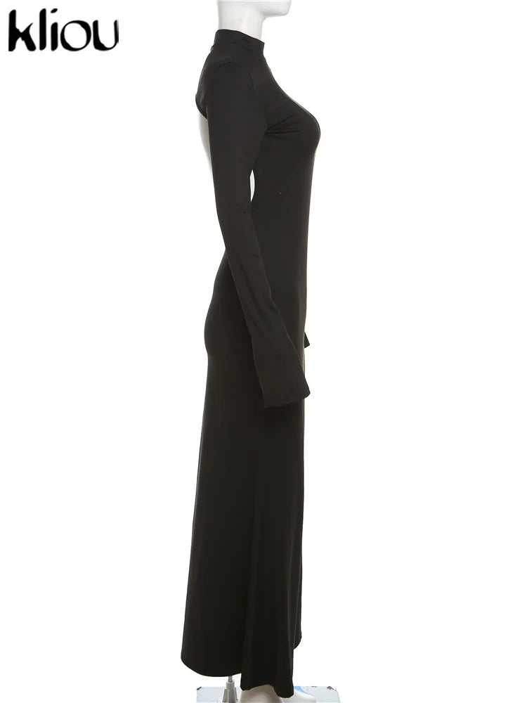 Women's Long Sleeve Bodycon Maxi Dress – Back Cut Out Elegant Evening Party Dress